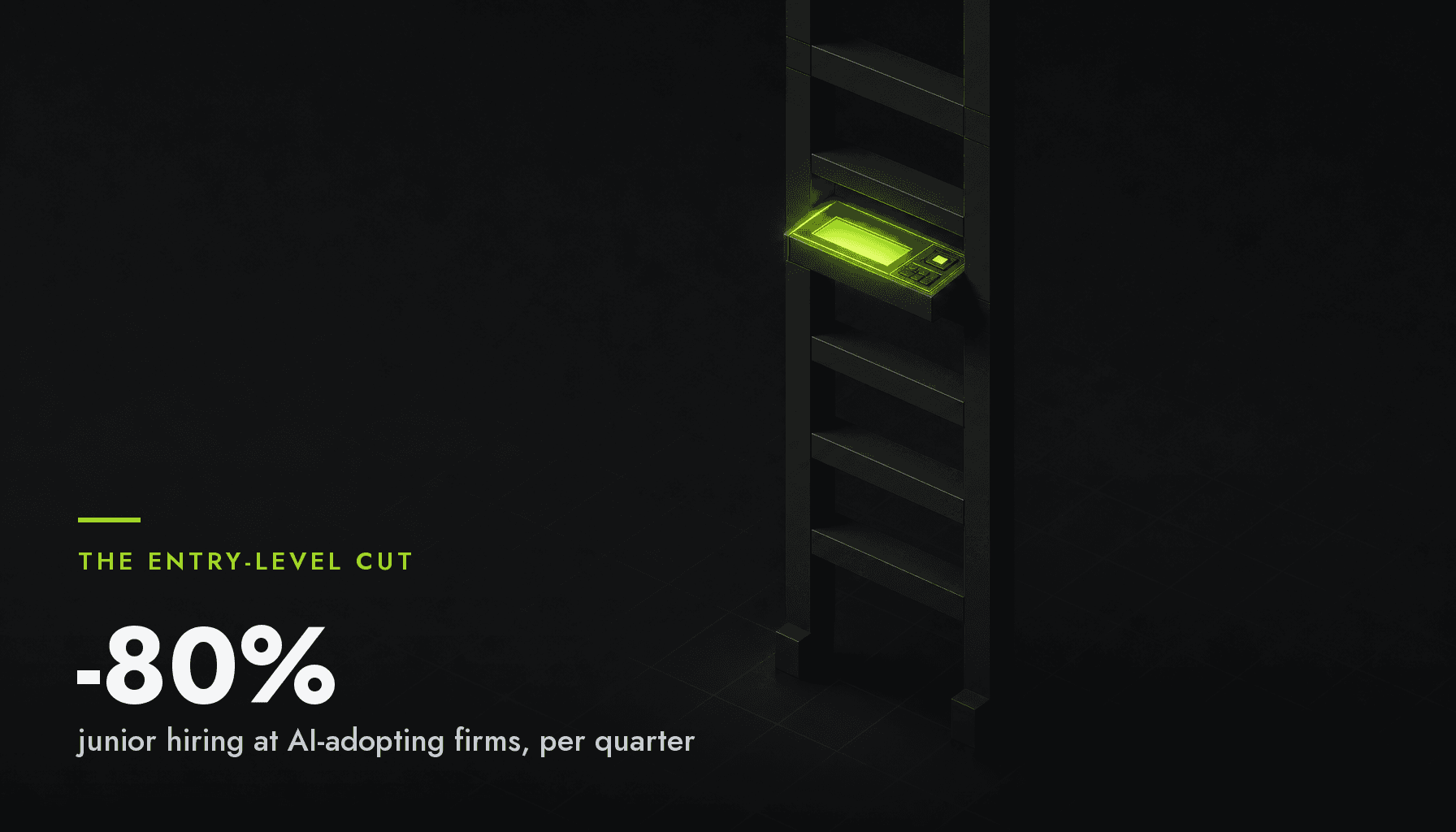 An isometric square ladder rising into darkness with a glowing green terminal console fused into one of its upper rungs, the bottom rung broken away