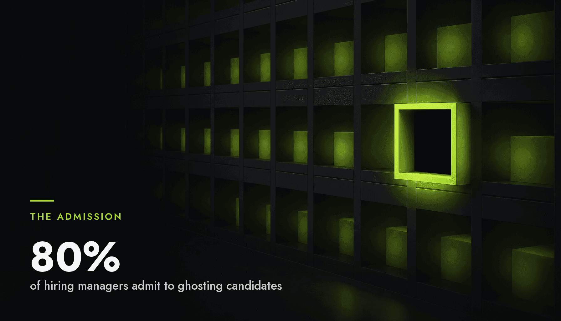 A dark grid of glowing green pigeonhole slots, all filled with light except one in the foreground that glows brightly on its rim but opens onto empty darkness