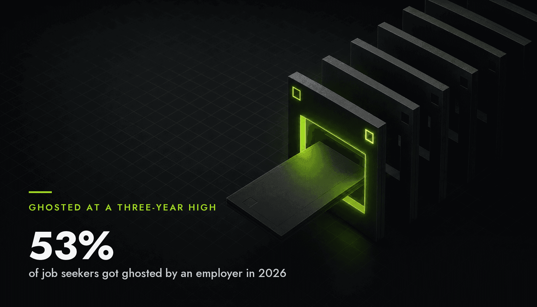 A resume sliding through a row of square gates, one lit venom-green, rest dark